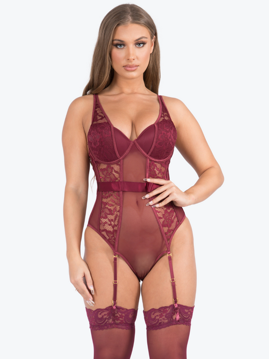 Bridget Sheer & Lace Underwire Garter Teddy Set