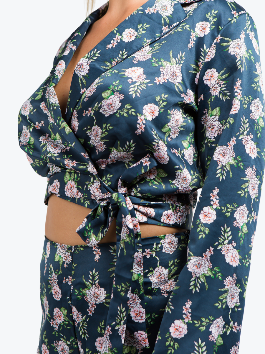 Delilah Floral Satin Wrap & Pant Set
