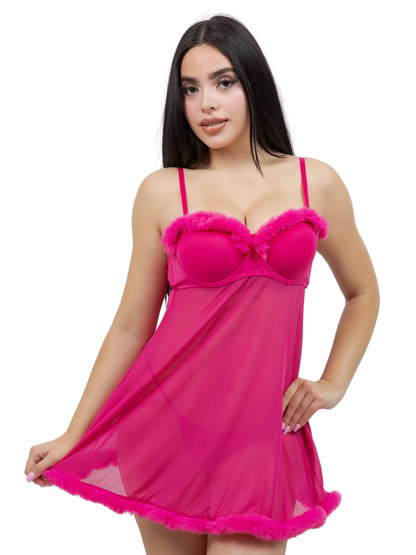 Eve Faux Fur Trim Underwire Babydoll