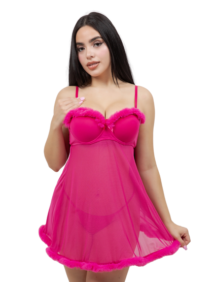 Eve Faux Fur Trim Underwire Babydoll
