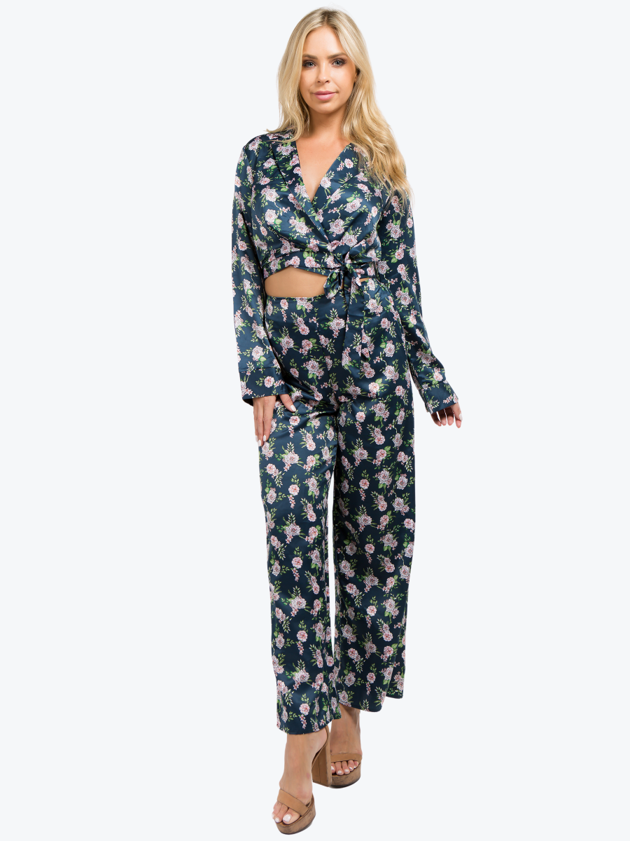 Delilah Floral Satin Wrap & Pant Set