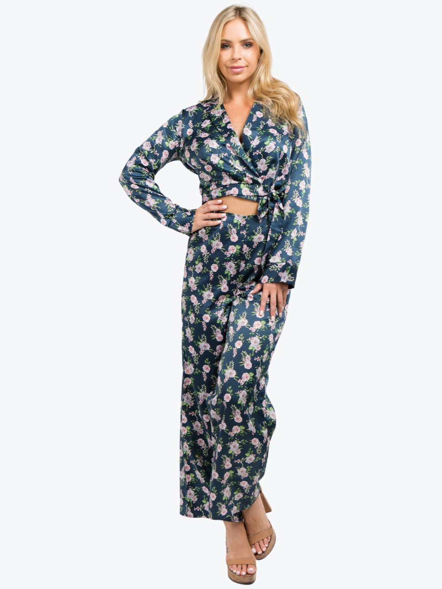 Delilah Floral Satin Wrap & Pant Set